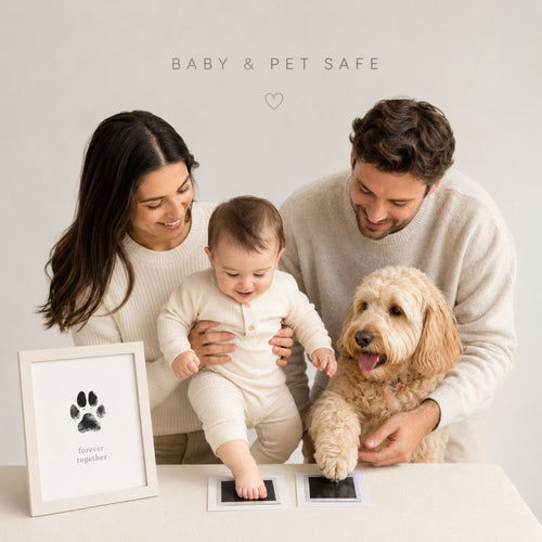 Clean touch pet paw print ink pad used by a family with a baby and dog beside a framed print.