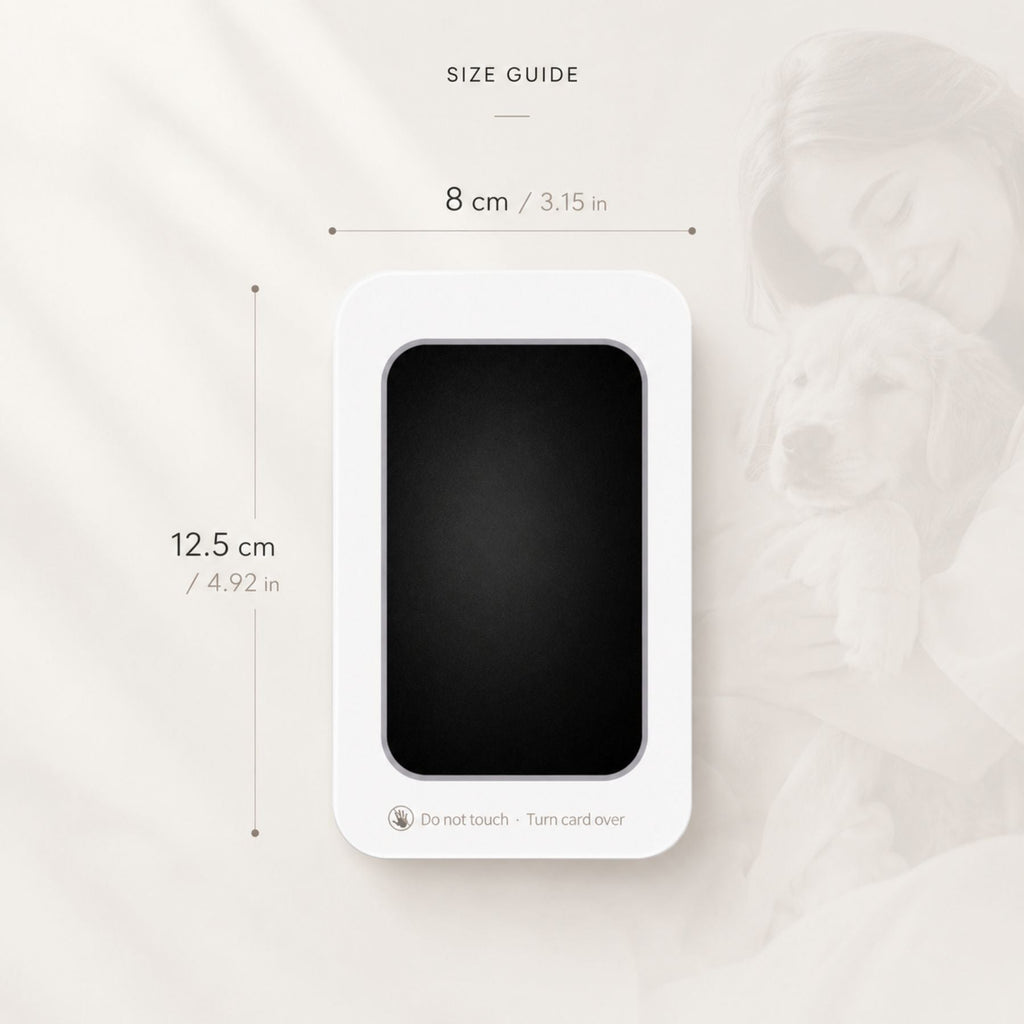 Clean touch pet paw print ink pad size guide showing pad width and height.