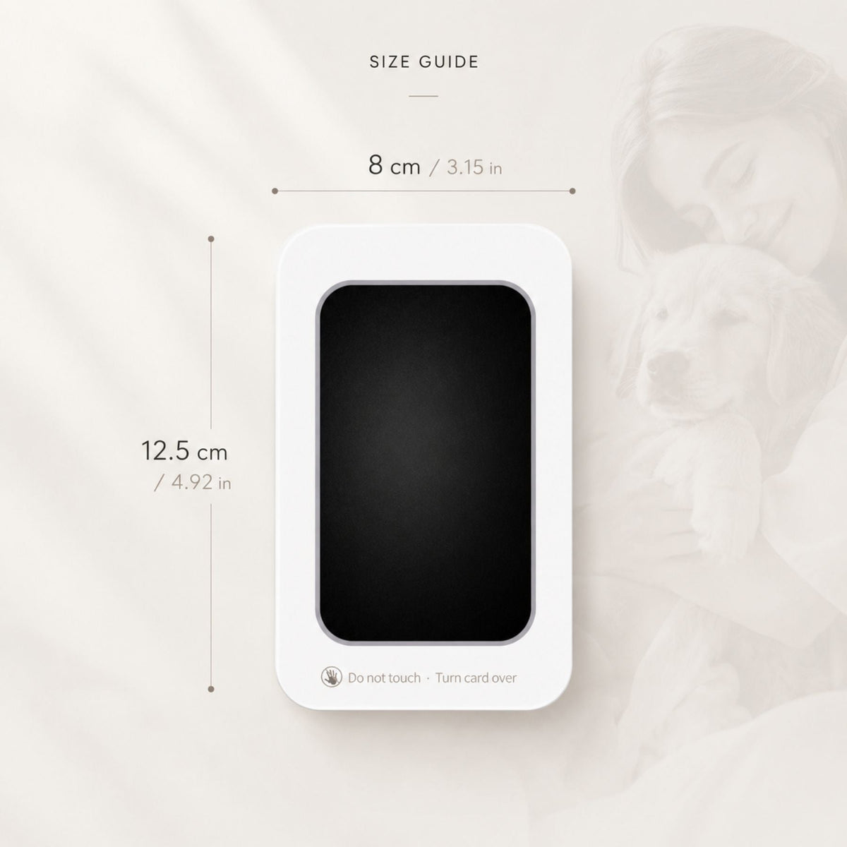 Clean touch pet paw print ink pad size guide showing pad width and height.
