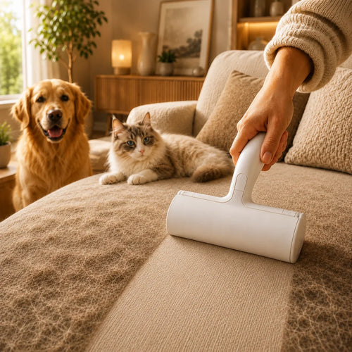CleanRoll pet hair remover roller used on a beige sofa beside a dog and cat.
