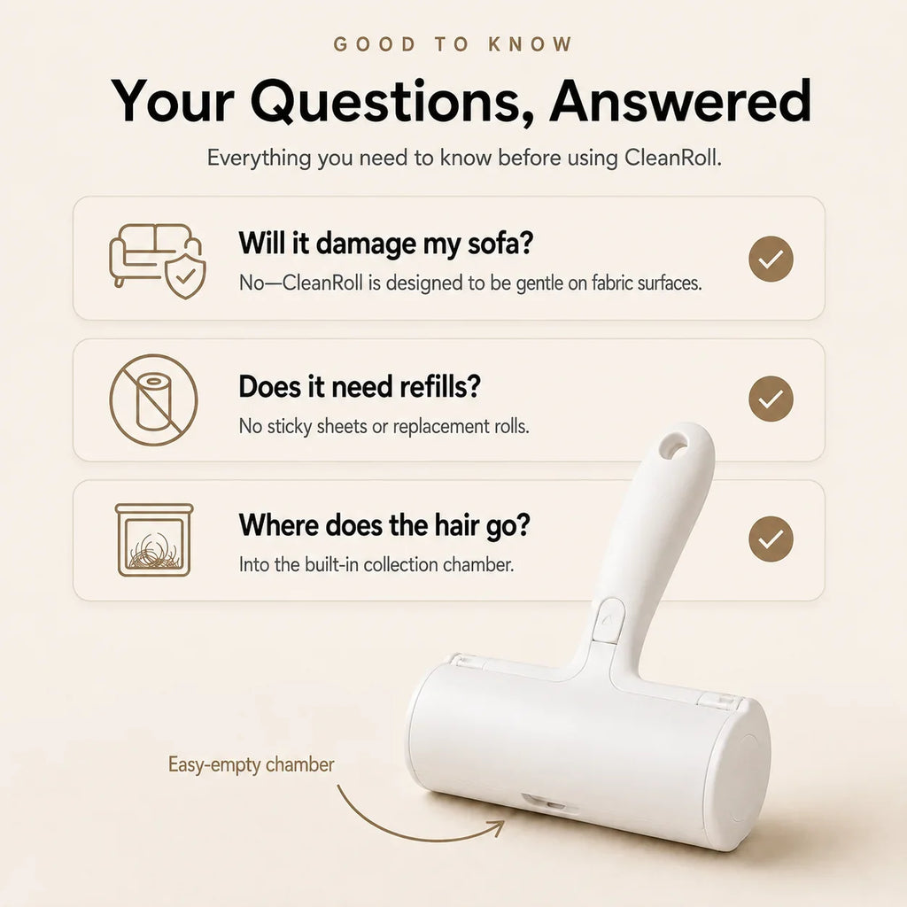 CleanRoll pet hair remover roller care and use FAQ graphic with collection chamber callout.