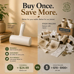 CleanRoll pet hair remover roller cost comparison graphic with disposable sticky rollers.