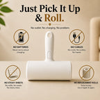 CleanRoll pet hair remover roller product overview showing manual operation without refill sheets.