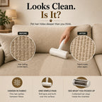 CleanRoll pet hair remover roller used on a sofa with closeups of hair between fabric fibers.
