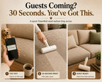 CleanRoll pet hair remover roller three panel sequence showing sofa cleanup before guests arrive.