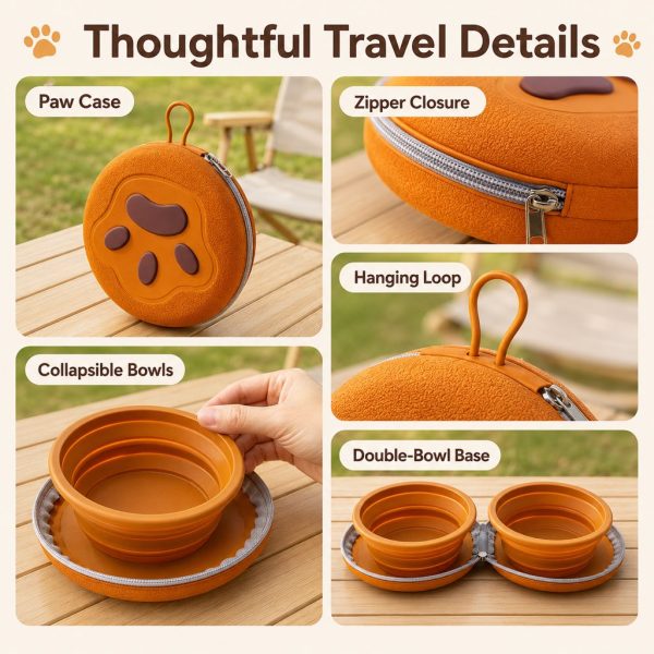 Collapsible double pet travel bowl detail collage of the paw case, zipper, loop and bowls.