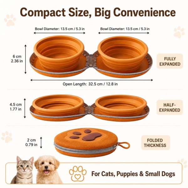 Collapsible double pet travel bowl dimension chart showing open bowls and folded case measurements.