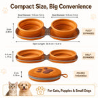 Collapsible double pet travel bowl dimension chart showing open bowls and folded case measurements.