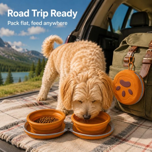 Collapsible double pet travel bowl in orange used by a dog beside an open car trunk.