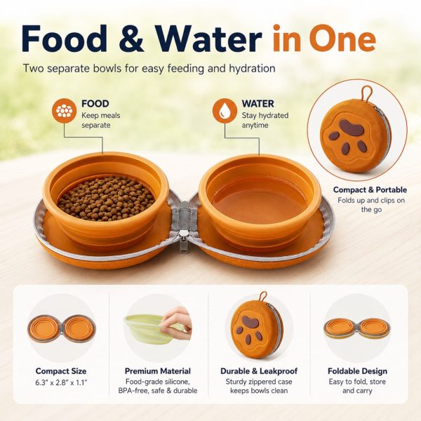 Collapsible double pet travel bowl in orange with separate food and water compartments.