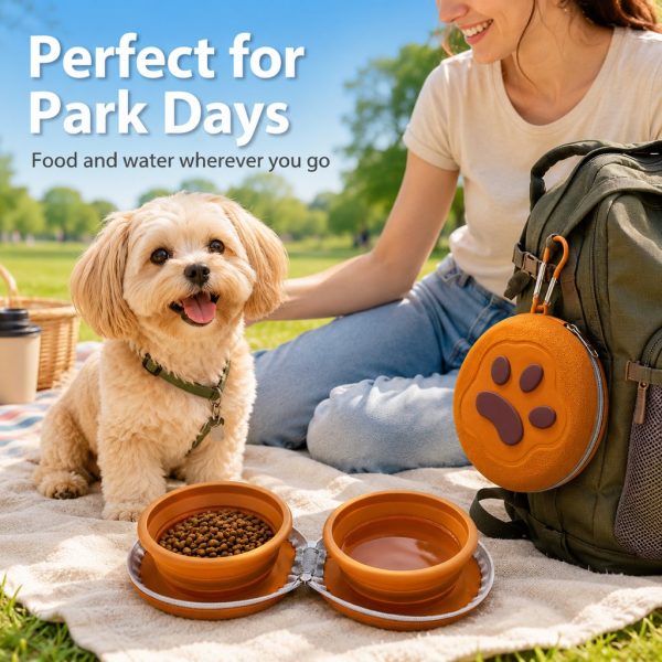Collapsible double pet travel bowl in orange set out for a picnic with a dog.
