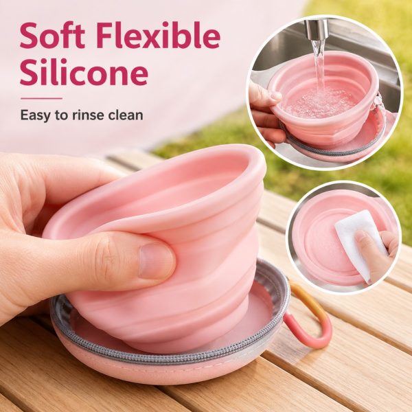 Collapsible double pet travel bowl in pink showing flexible bowl walls and rinsing steps.