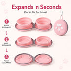 Collapsible double pet travel bowl in pink showing fully expanded, half expanded and flat positions.