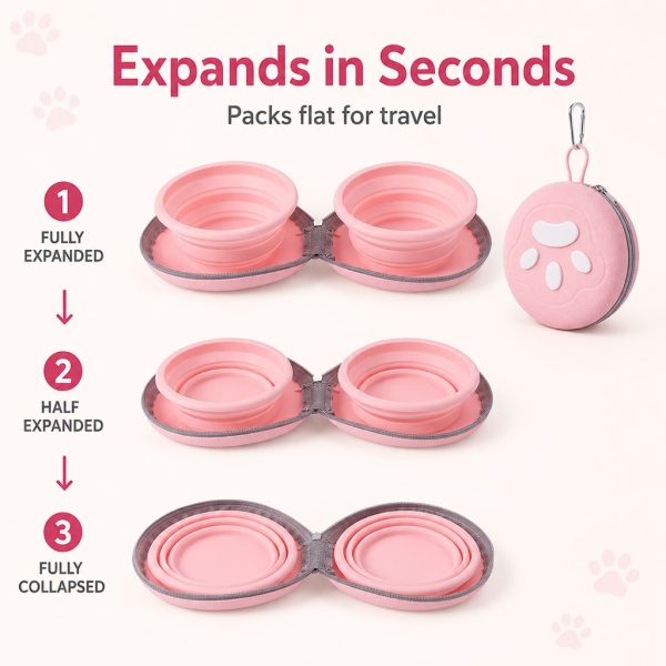 Collapsible double pet travel bowl in pink showing fully expanded, half expanded and flat positions.