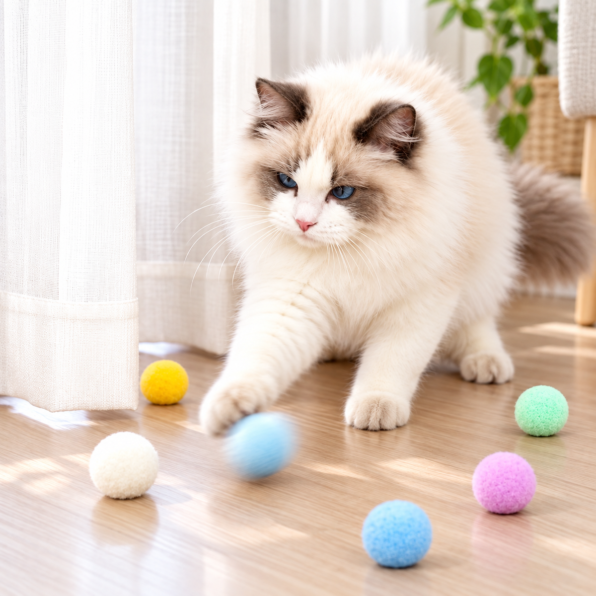 Colorful plush cat toy balls with a cat playing indoors