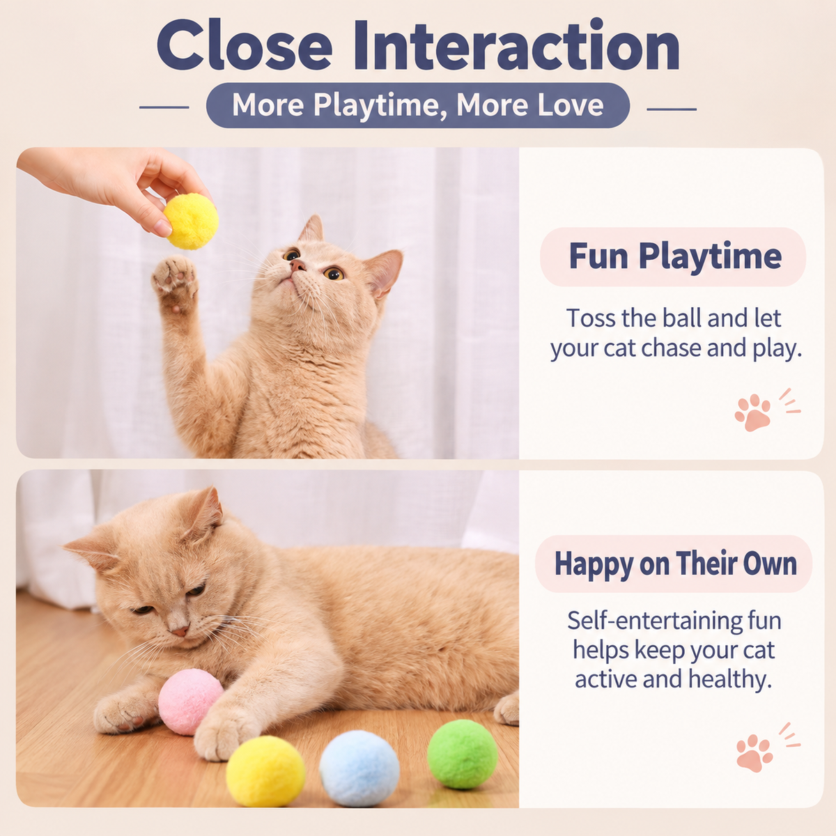 Guide showing interactive play for the colorful plush cat toy balls