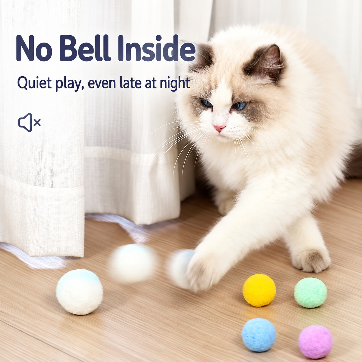 No-bell design highlighted on the colorful plush cat toy balls