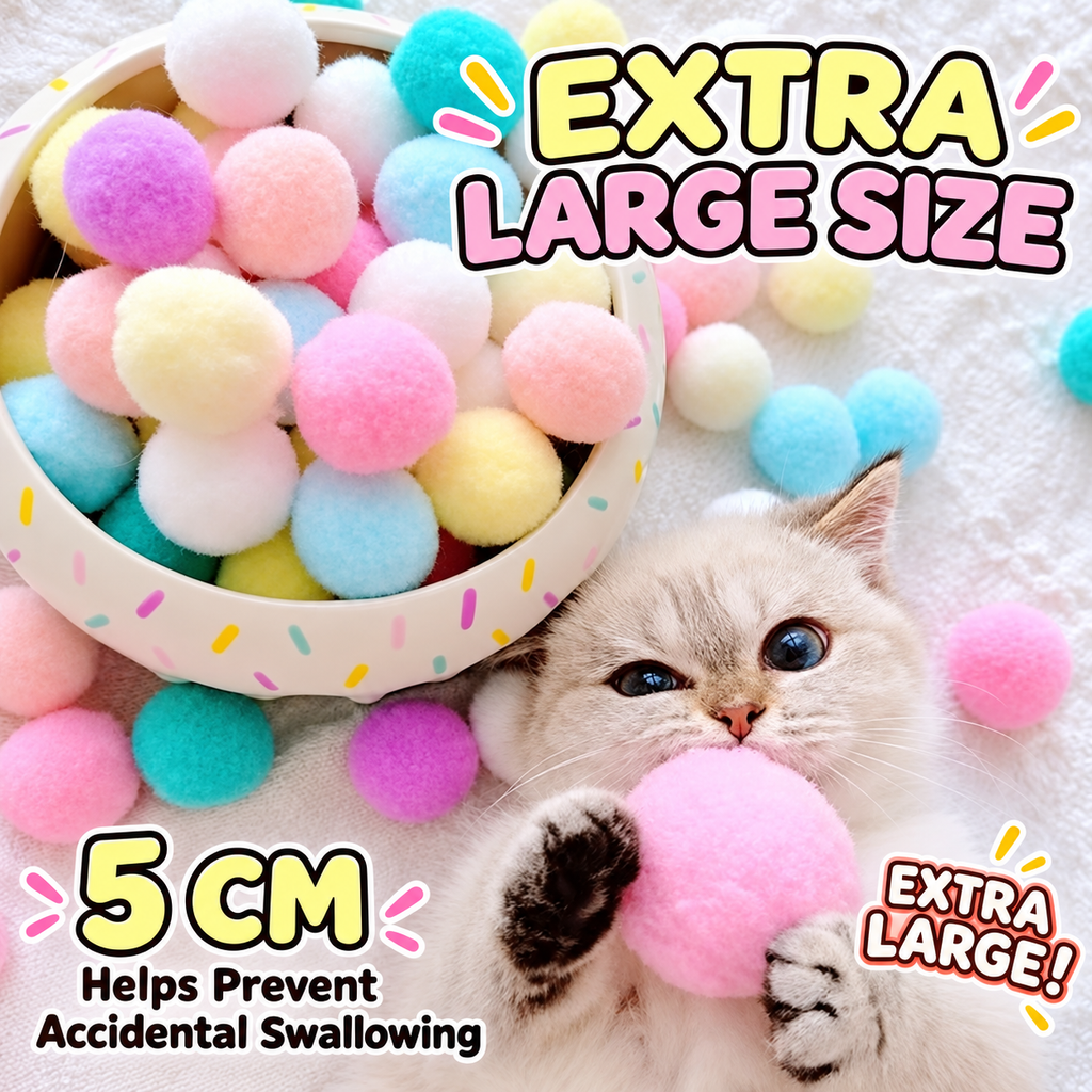 Size guide for colorful plush cat toy balls