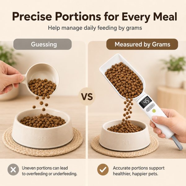 Digital pet food measuring spoon comparison of an ordinary scoop and digital food measurement.