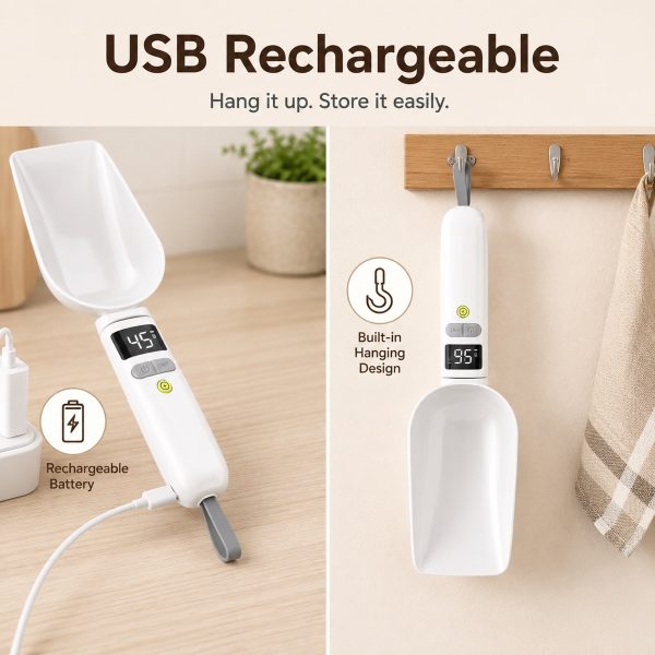 Digital pet food measuring spoon connected to a USB cable and hanging from a kitchen hook.