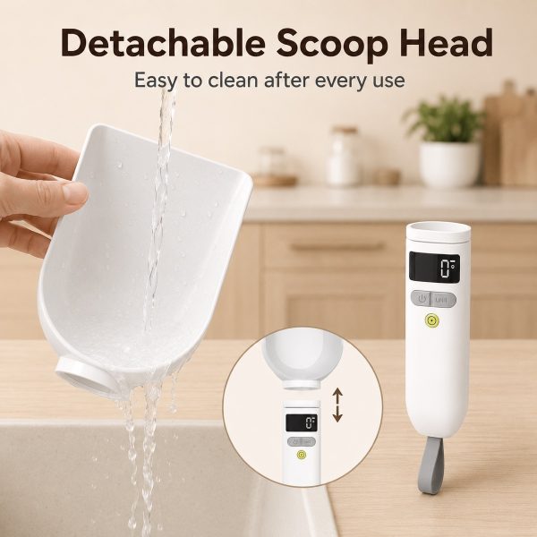 Digital pet food measuring spoon showing the detached scoop head being rinsed.
