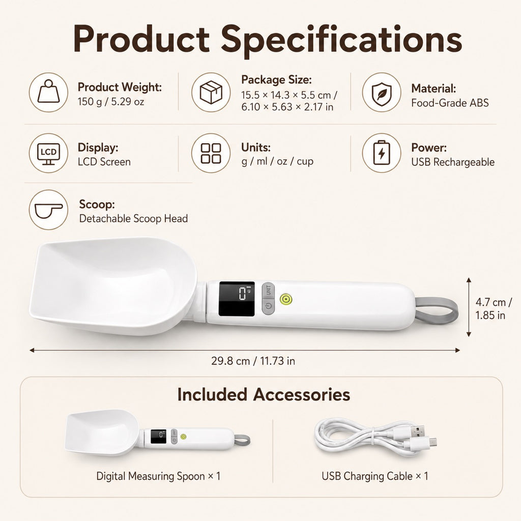 Digital pet food measuring spoon dimensions and package contents with a detachable scoop and cable.