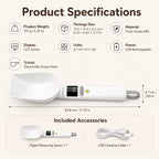 Digital pet food measuring spoon dimensions and package contents with a detachable scoop and cable.