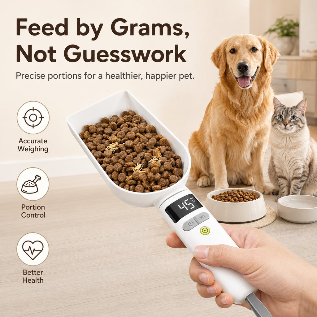 Digital pet food measuring spoon feature graphic showing a measured scoop before pet mealtime.