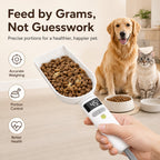 Digital pet food measuring spoon feature graphic showing a measured scoop before pet mealtime.