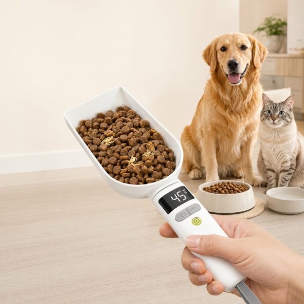 Digital pet food measuring spoon holding kibble near bowls with a dog and cat behind.