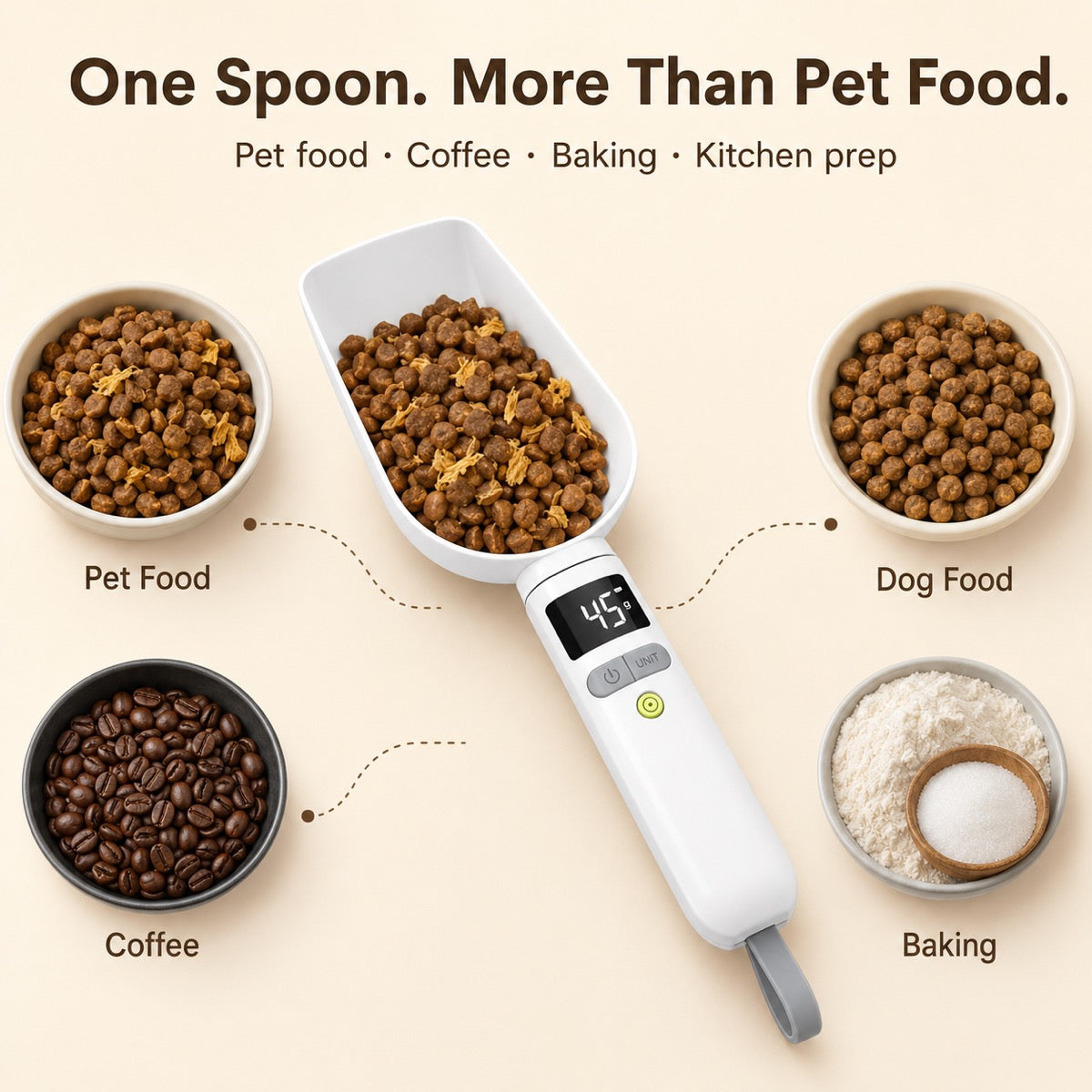 Digital pet food measuring spoon illustrating uses for pet food, coffee and baking.