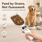 Digital pet food measuring spoon demonstrating kibble portion measurement before feeding pets.