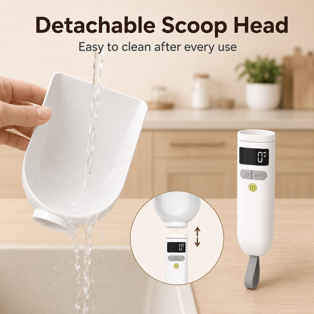 Digital pet food measuring spoon with removable scoop rinsing and attachment illustrations.