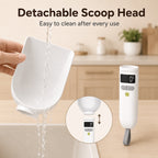Digital pet food measuring spoon with removable scoop rinsing and attachment illustrations.
