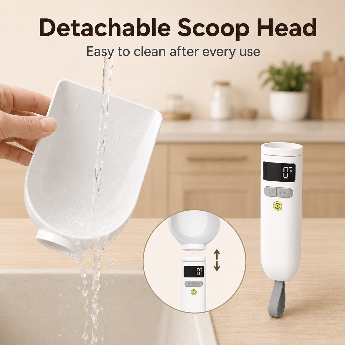 Digital pet food measuring spoon with removable scoop rinsing and attachment illustrations.