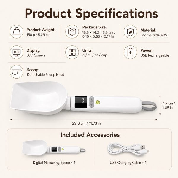 Digital pet food measuring spoon specification chart with spoon dimensions and included cable.