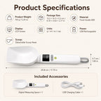 Digital pet food measuring spoon specification chart with spoon dimensions and included cable.