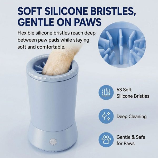 Electric pet paw cleaner in blue with a closeup of the silicone cleaning bristles.