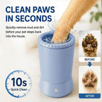 Electric pet paw cleaner in blue with a paw inserted and before and after paw insets.