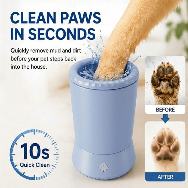 Electric pet paw cleaner in blue with a paw inserted and before and after paw insets.