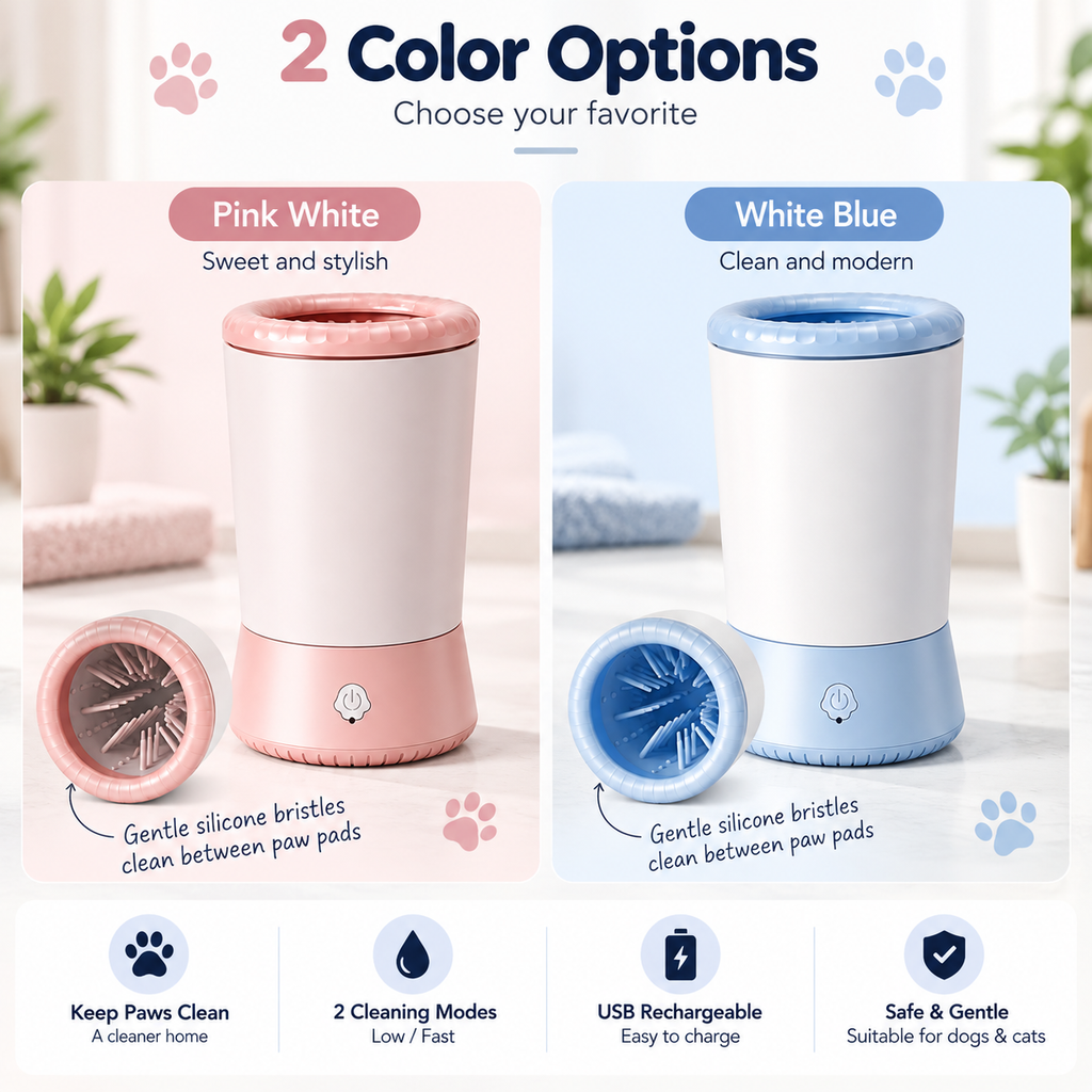 Electric pet paw cleaner comparison of pink white and white blue color options.