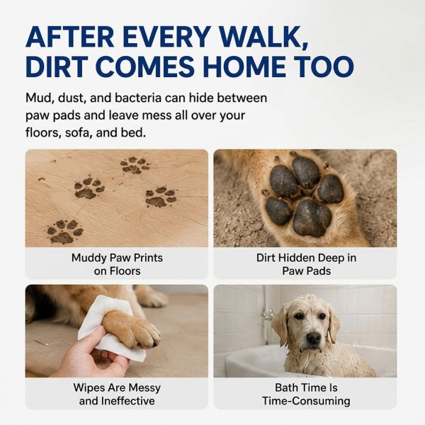 Electric pet paw cleaner use context showing muddy paw prints, dirty pads, wipes and bathing.