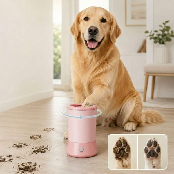 Electric pet paw cleaner in pink and white used by a golden dog near muddy paw prints.