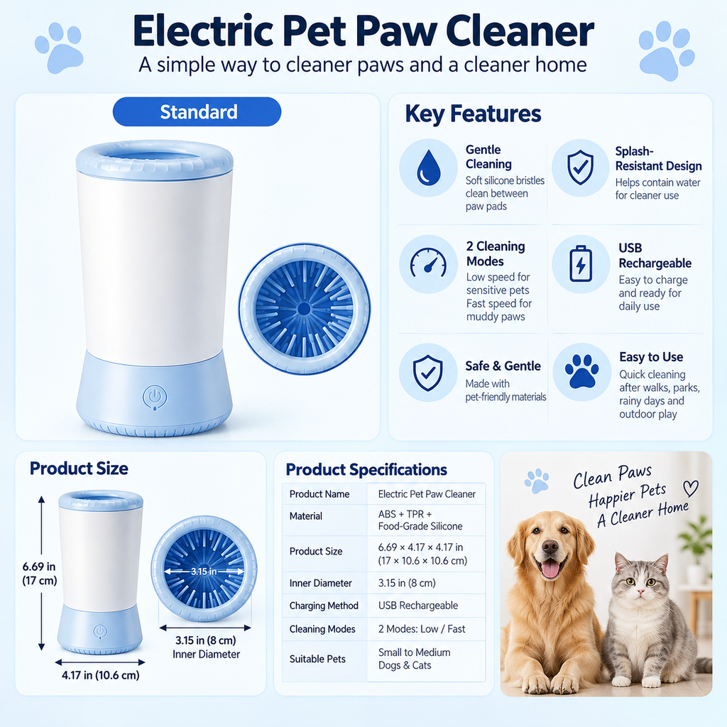 Electric pet paw cleaner specification chart with dimensions and cleaning cup detail.