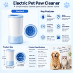 Electric pet paw cleaner specification chart with dimensions and cleaning cup detail.