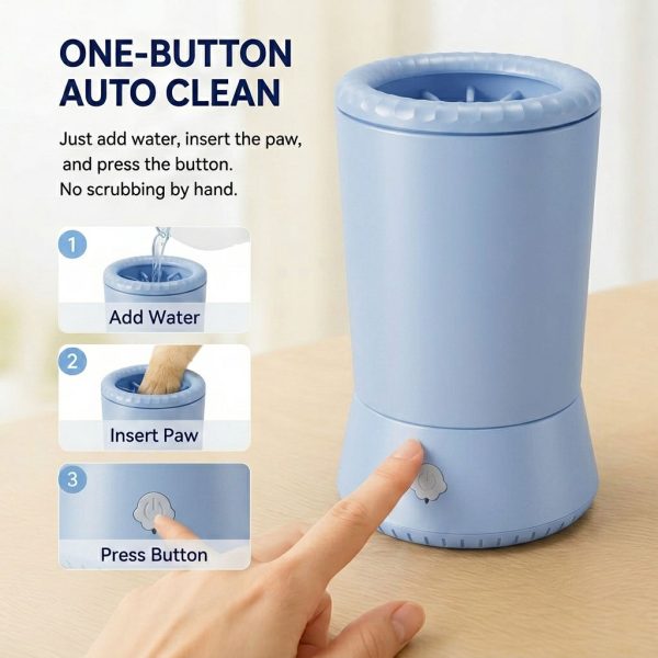 Electric pet paw cleaner step guide showing water filling, paw insertion and button operation.