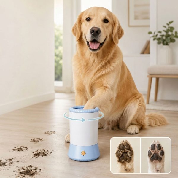 Electric pet paw cleaner in white and blue used on a golden dog's paw near muddy prints.