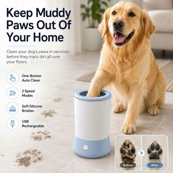 Electric pet paw cleaner in white and blue with paw cleaning feature callouts.