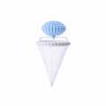 Floating laundry lint and pet hair catcher in blue with the mesh pouch extended against white.