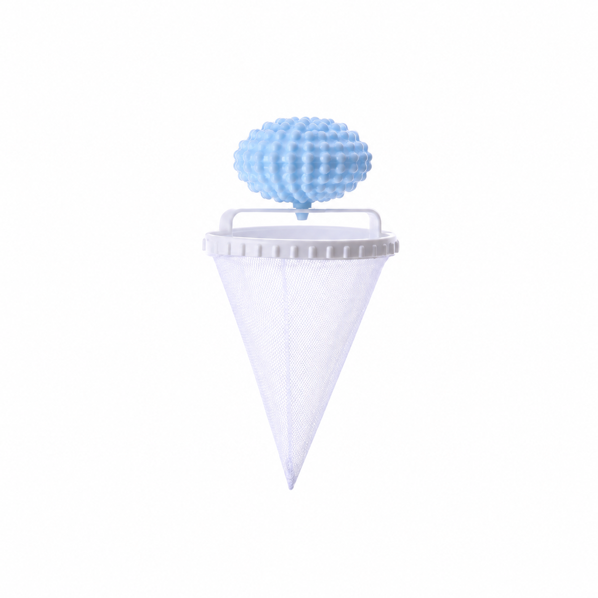 Floating laundry lint and pet hair catcher in blue with the mesh pouch extended against white.